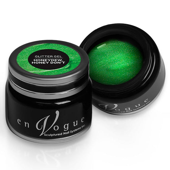en Vogue honeydew-honey-don't lime green jelly base with iridescent micro-glitter gel polish for professional nails and extensions shown in container