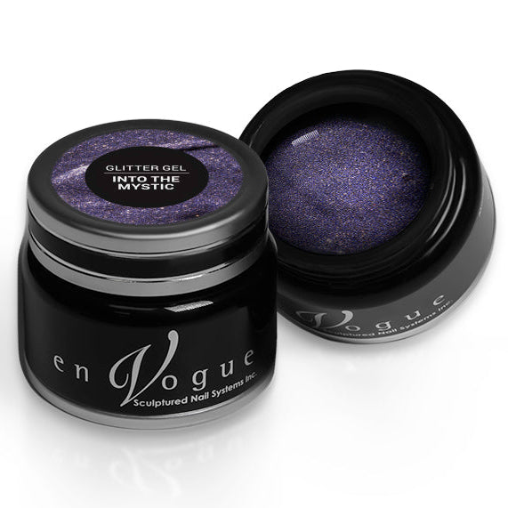en Vogue into-the-mystic periwinkle glitter gel polish with micro-gold leaf microglitter for professional nails and extensions shown in container