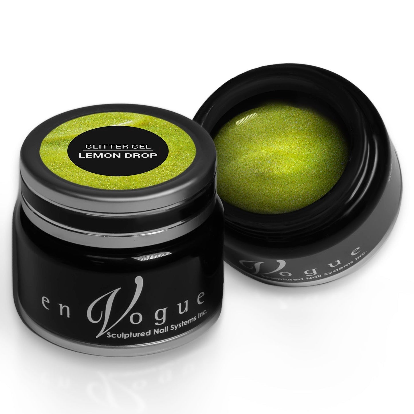 en Vogue lemon-drop yellow jelly base with iridescent micro-glitter gel polish for professional nails and extensions shown in container