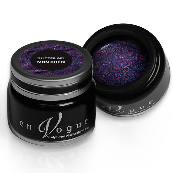 en Vogue mon-cheri purple, blue and magenta microglitter gel polish for professional nails and extensions shown in container