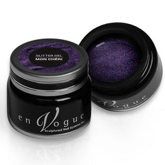 en Vogue mon-cheri purple, blue and magenta microglitter gel polish for professional nails and extensions shown in container