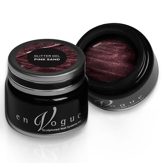 en Vogue pink sand cool rose gold jelly base, micro-foils glitter gel polish for professional nails and extensions shown in container