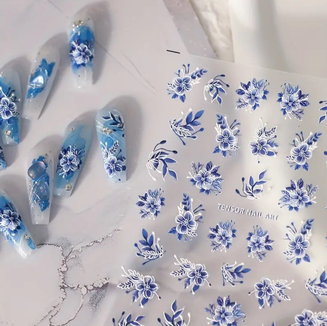 Blue & White Floral Embossed 5D Decals - 2110 Main image
