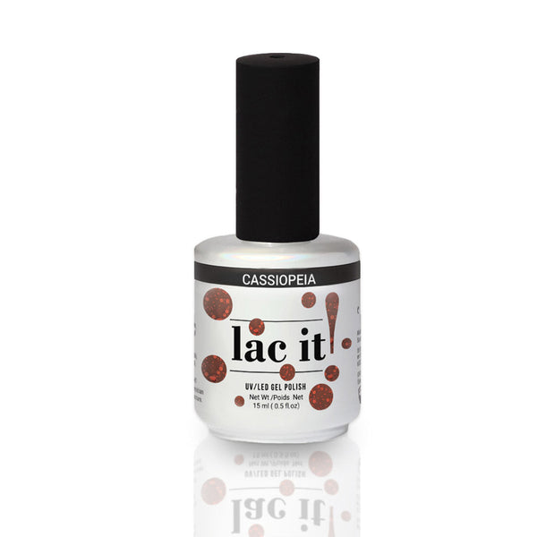 en Vogue Lac It! Cassiopeia chunky red glitters in a deep red jelly base UV/LED gel nail polish for professional nails and extensions bottle