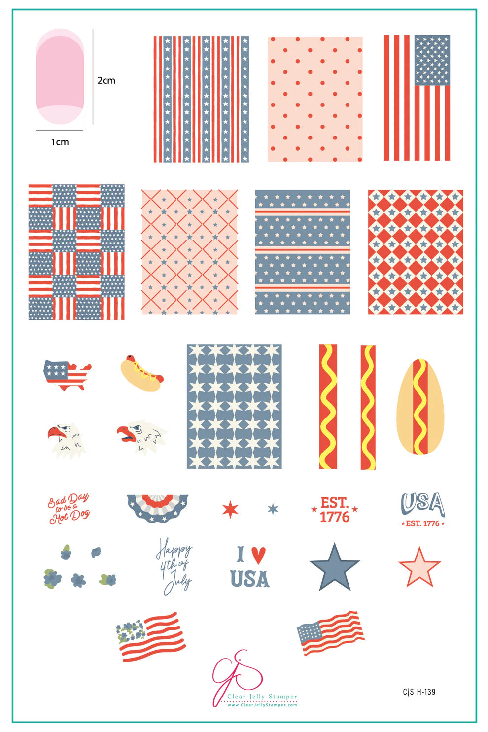 Stars, Stripes & Snacks (CjSH-139) Etched Nail Art Stamping Plate - Clear Jelly Stamping Plate