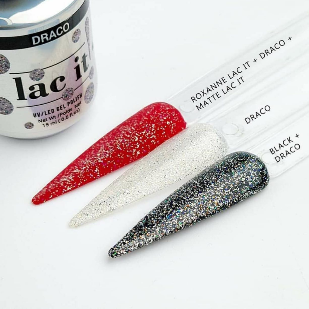 en Vogue Lac It! Draco mix of silver and holographic microglitters in clear base UV/LED gel nail polish for professional nails and extensions on long point nail swatch sticks