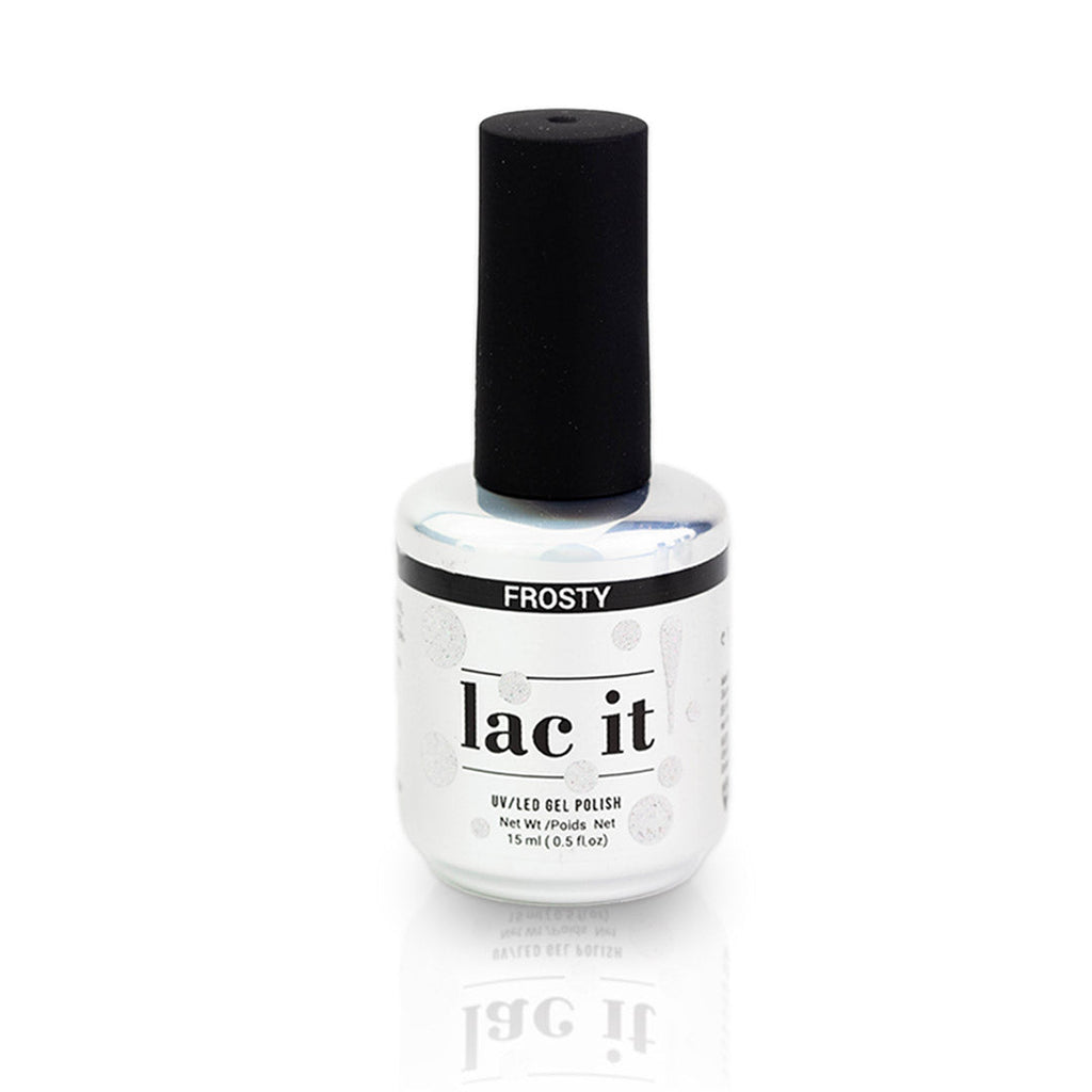 en Vogue Lac It! Frosty clear base packed with tiny silver microglitters UV/LED gel nail polish for professional nails and extensions bottle