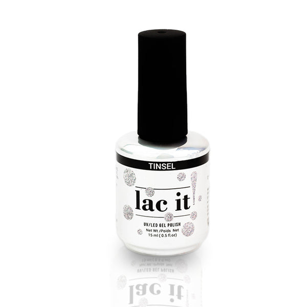 en Vogue Lac It! Tinsel clear base packed full of silver flakes UV/LED gel nail polish for professional nails and extensions bottle