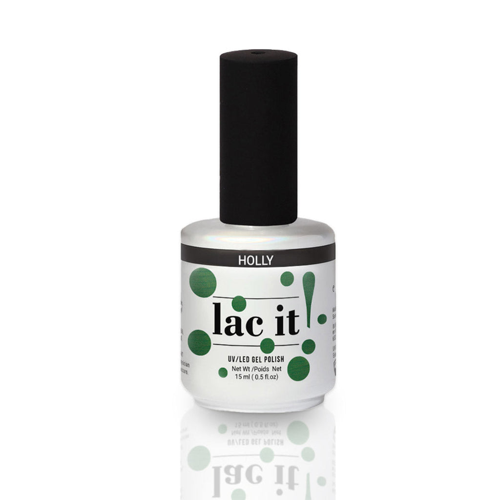 en Vogue Lac It! Holly deep green with a fine gold shimmer UV/LED gel nail polish for professional nails and extensions bottle