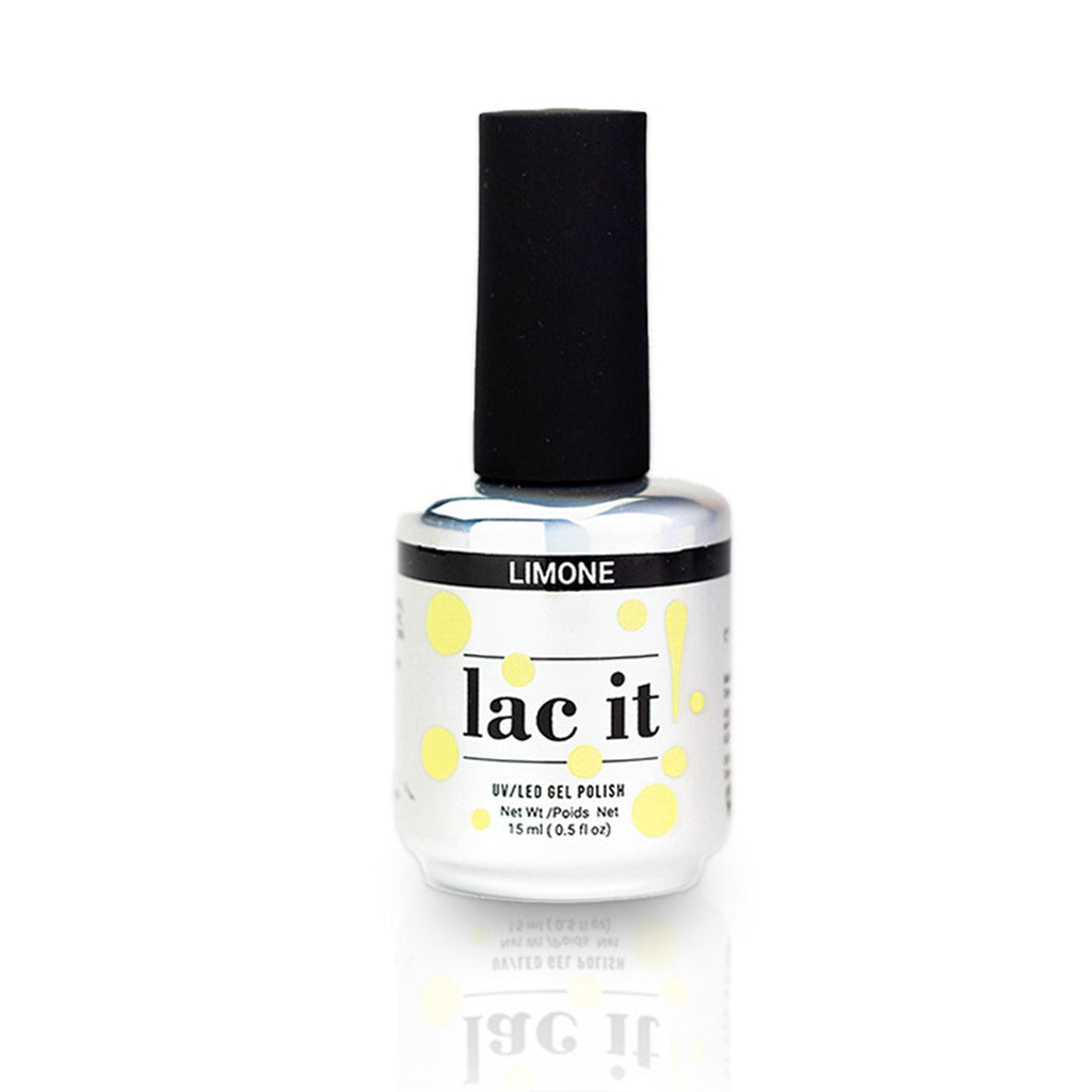 en Vogue Lac It! Limone rich pastel yellow crème UV/LED gel nail polish for professional nails and extensions bottle