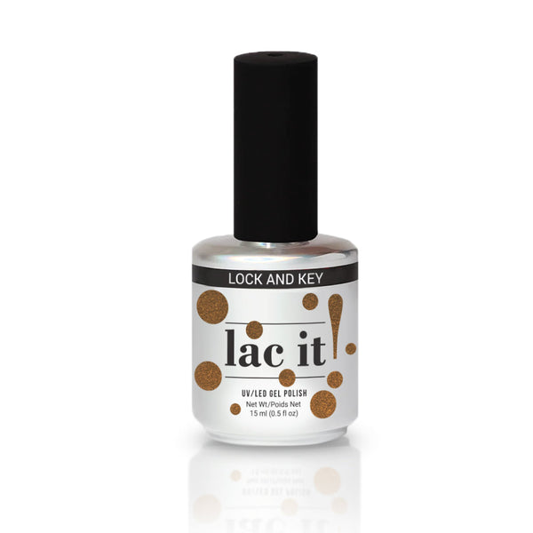 en Vogue Lac it! lock-key antique gold pearl UV/LED gel polish for professional nails and extensions shown in polish bottle