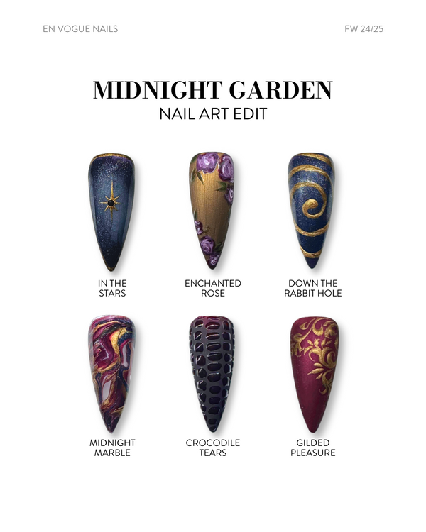 en Vogue Lac it! Forbidden Love grey-blue shimmer, Lock & Key antique gold, Black Rose burgundy crème and Enchantress rich magenta pearl UV/LED gel polish for professional nails and extensions shown on nails with nail art