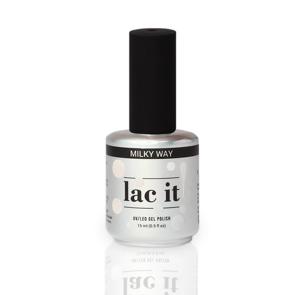 en Vogue Lac It! Milky Way sheer soft white with pearlescent hues of pink, yellow, and blue UV/LED gel nail polish for professional nails and extensions bottle