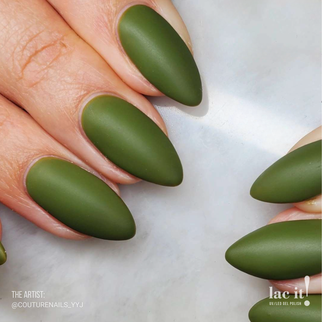 en Vogue Lac It! Olive branch medium olive green crème UV/LED gel nail polish for professional nails and extensions on almond shaped manicured nails