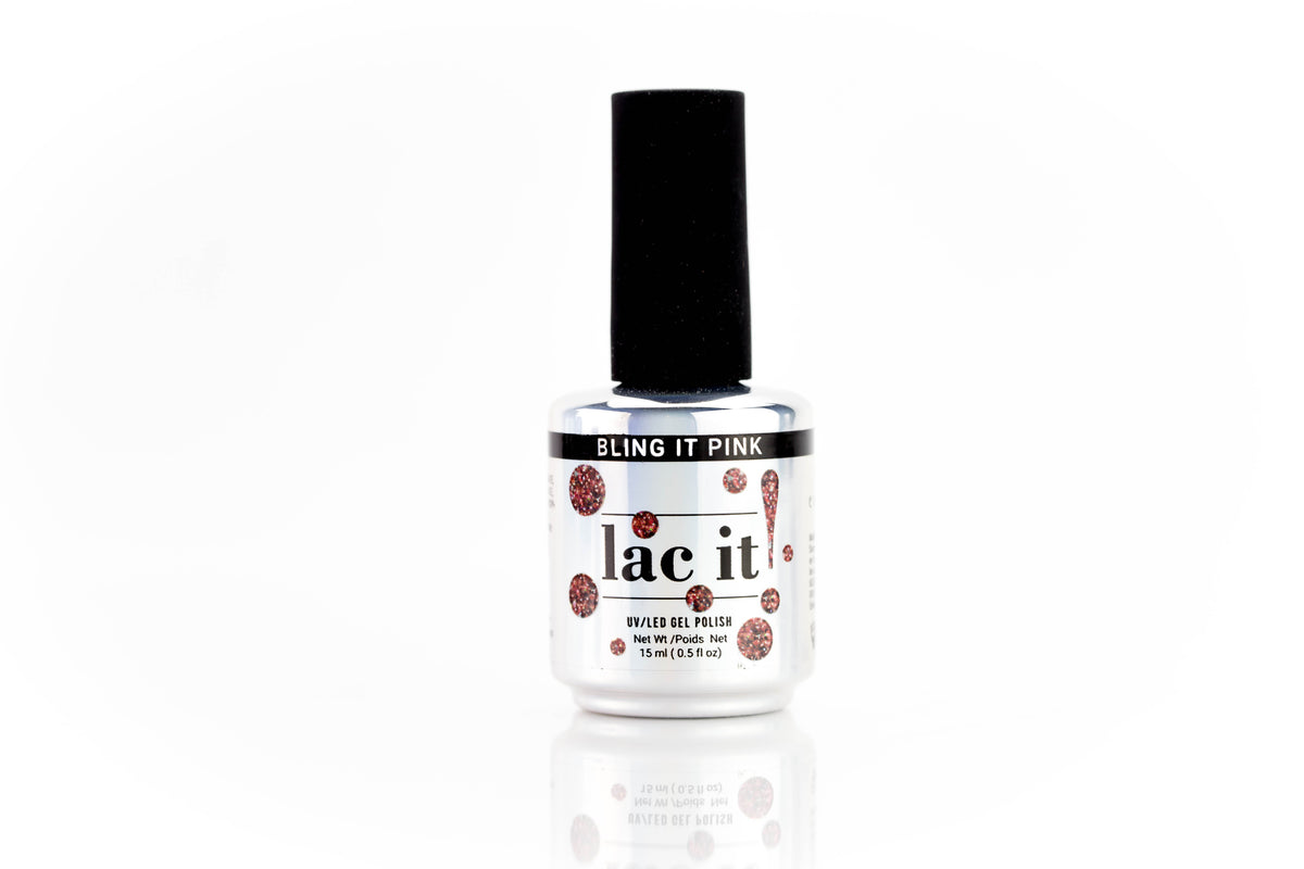 en Vogue Lac It! Bling It pink, pink micro-glitter base packed with chunky holographic glitters UV/LED gel nail polish for professional nails and extensions bottle