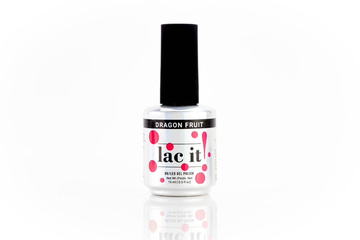 en Vogue Lac It! Dragon fruit bright, almost neon watermelon pink crème UV/LED gel nail polish for professional nails and extensions bottle