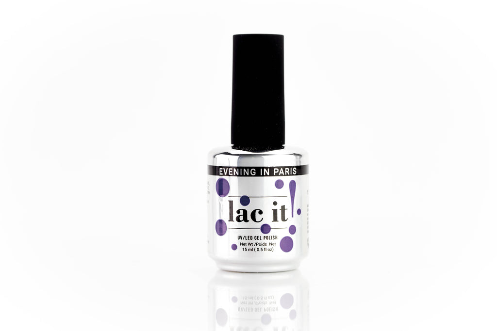 en Vogue Lac It! Evening In Paris warm, rich purple with a pearlescent finish UV/LED gel nail polish for professional nails and extensions bottle
