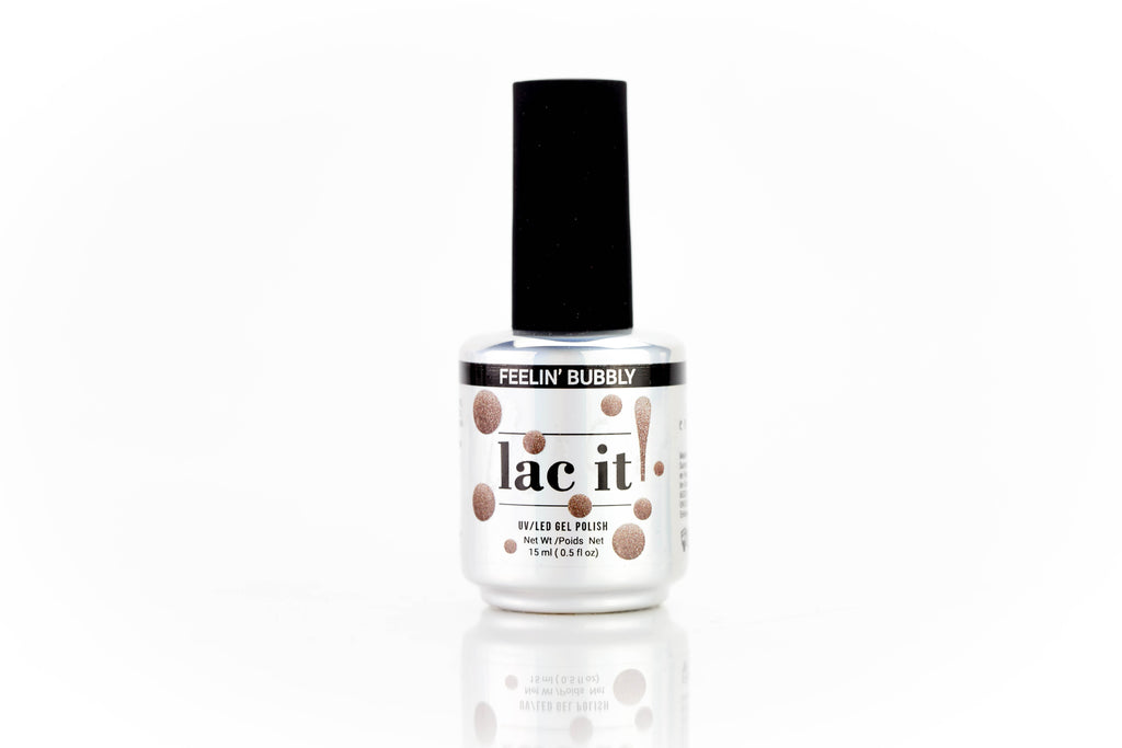en Vogue Lac It! Feelin' Bubbly metallic champagne/rose gold shimmer UV/LED gel nail polish for professional nails and extensions bottle