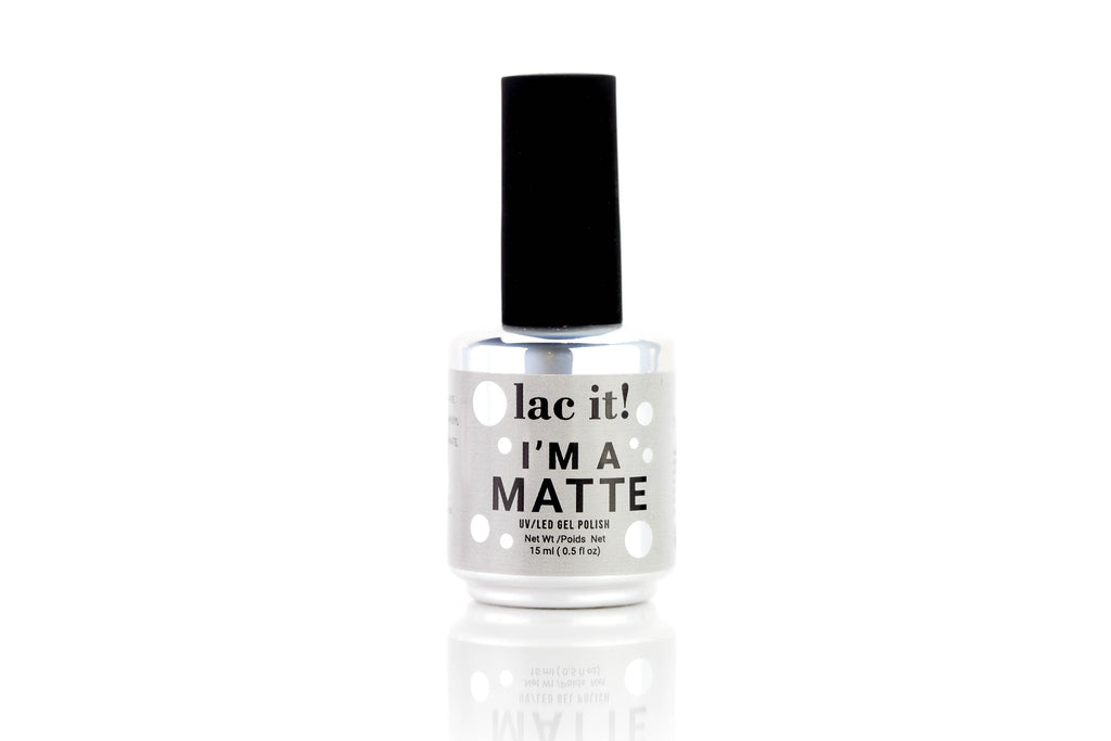 en Vogue Lac It! I'm A Matte no-wipe soak-off top coat with a velvet matte finish. UV/LED gel polish 100% gel nail polish bottle