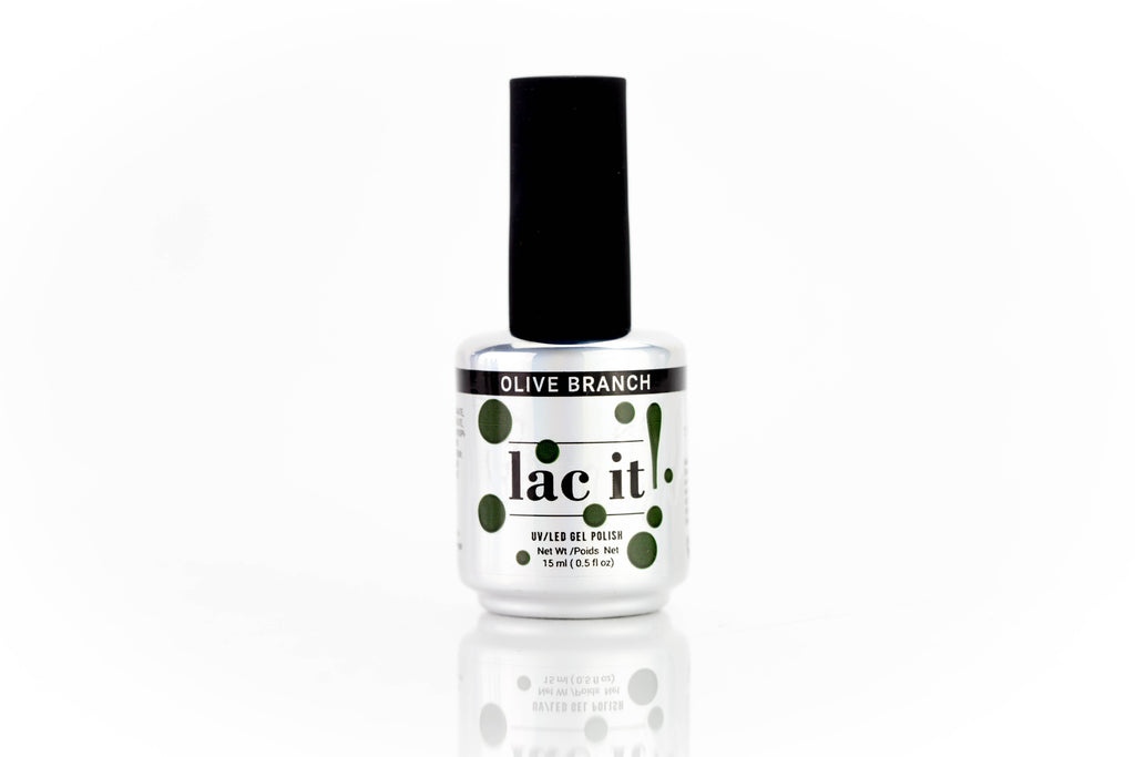 en Vogue Lac It! Olive branch medium olive green crème UV/LED gel nail polish for professional nails and extensions bottle