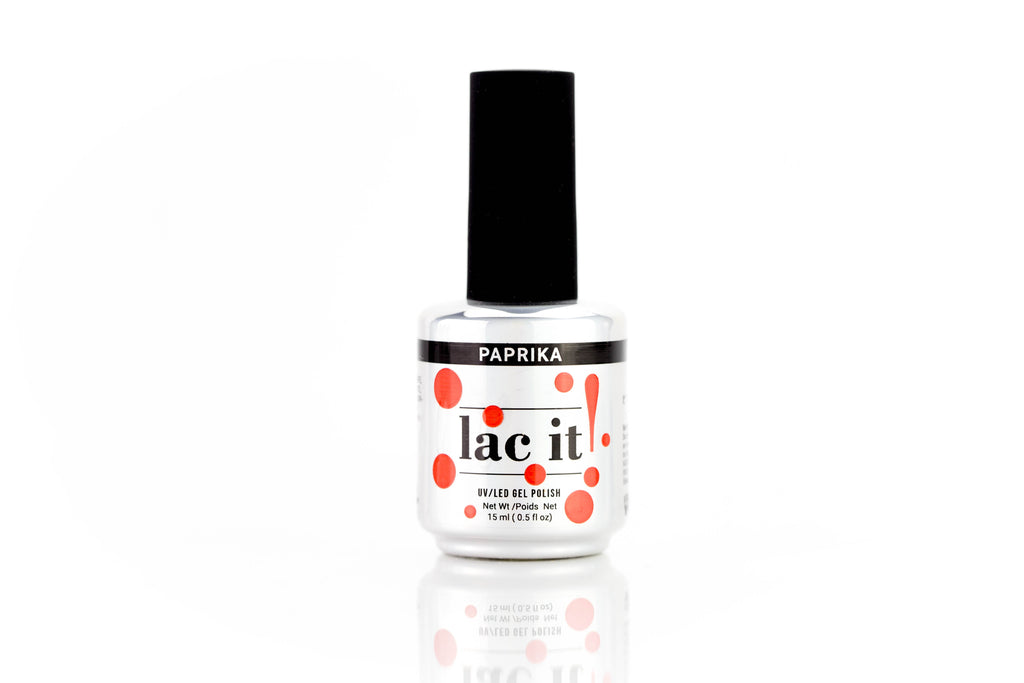 en Vogue Lac It! Paprika orangey coral with fine gold microglitters for the faintest of shimmers UV/LED gel nail polish for professional nails and extensions bottle