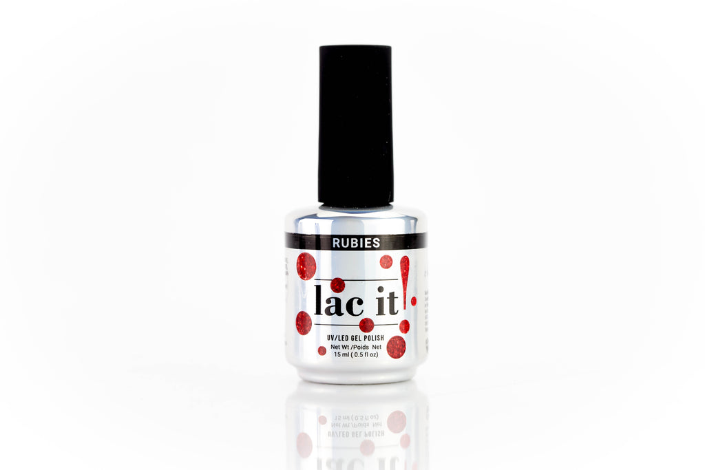en Vogue Lac It! Rubies bright red jelly base packed with red microglitters UV/LED gel nail polish for professional nails and extensions bottle