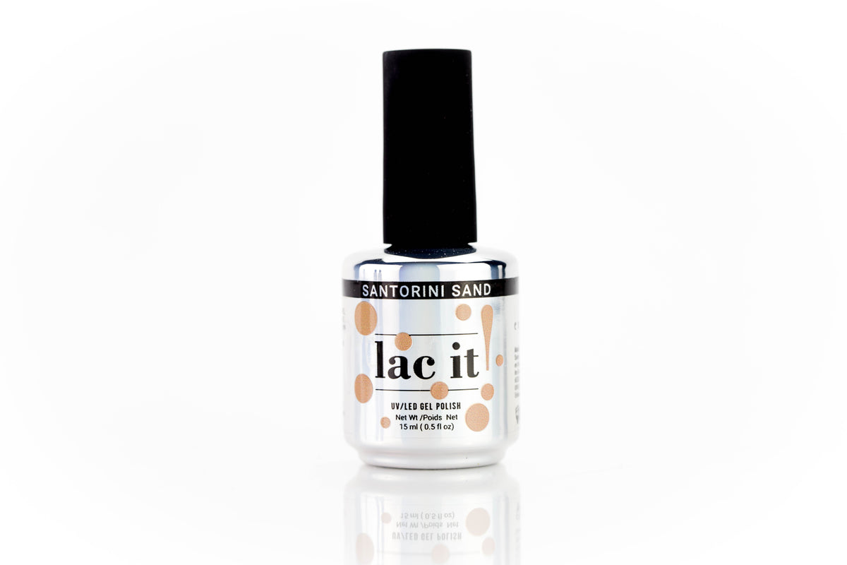 en Vogue Lac It! Santorini Sand warm nude crème with a hint of rose and a hint of peach UV/LED gel nail polish for professional nails and extensions bottle