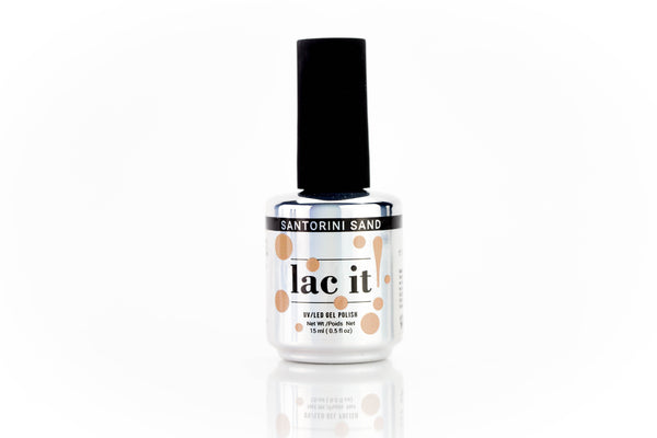 en Vogue Lac It! Santorini Sand warm nude crème with a hint of rose and a hint of peach UV/LED gel nail polish for professional nails and extensions bottle