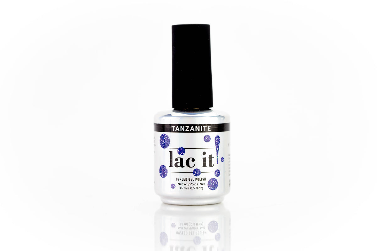 en Vogue Lac It! Tanzanite deep indigo base with purple and blue microglitters UV/LED gel nail polish for professional nails and extensions bottle