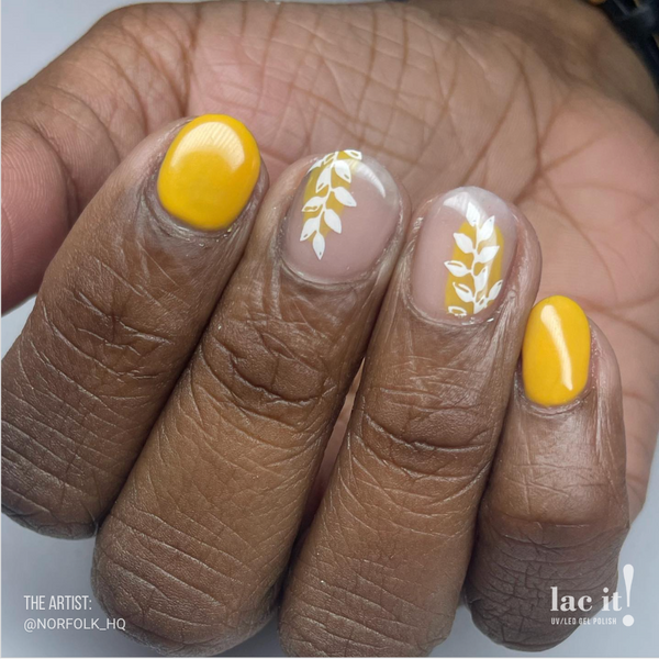 en Vogue Lac It! Sahara mustard yellow crème UV/LED gel nail polish for professional nails and extensions on short round manicure
