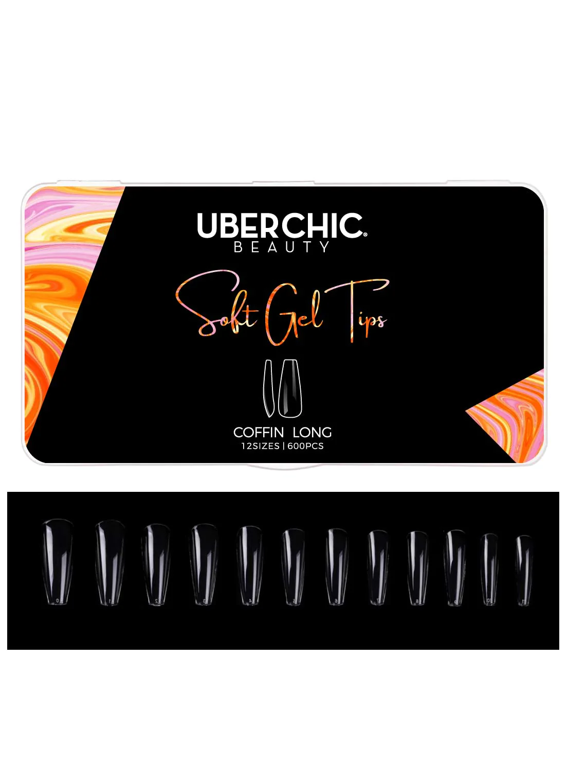 600 Soft Gel Tips: Coffin - Long Clear Full Coverage Tips - Uber Chic Beauty Main image