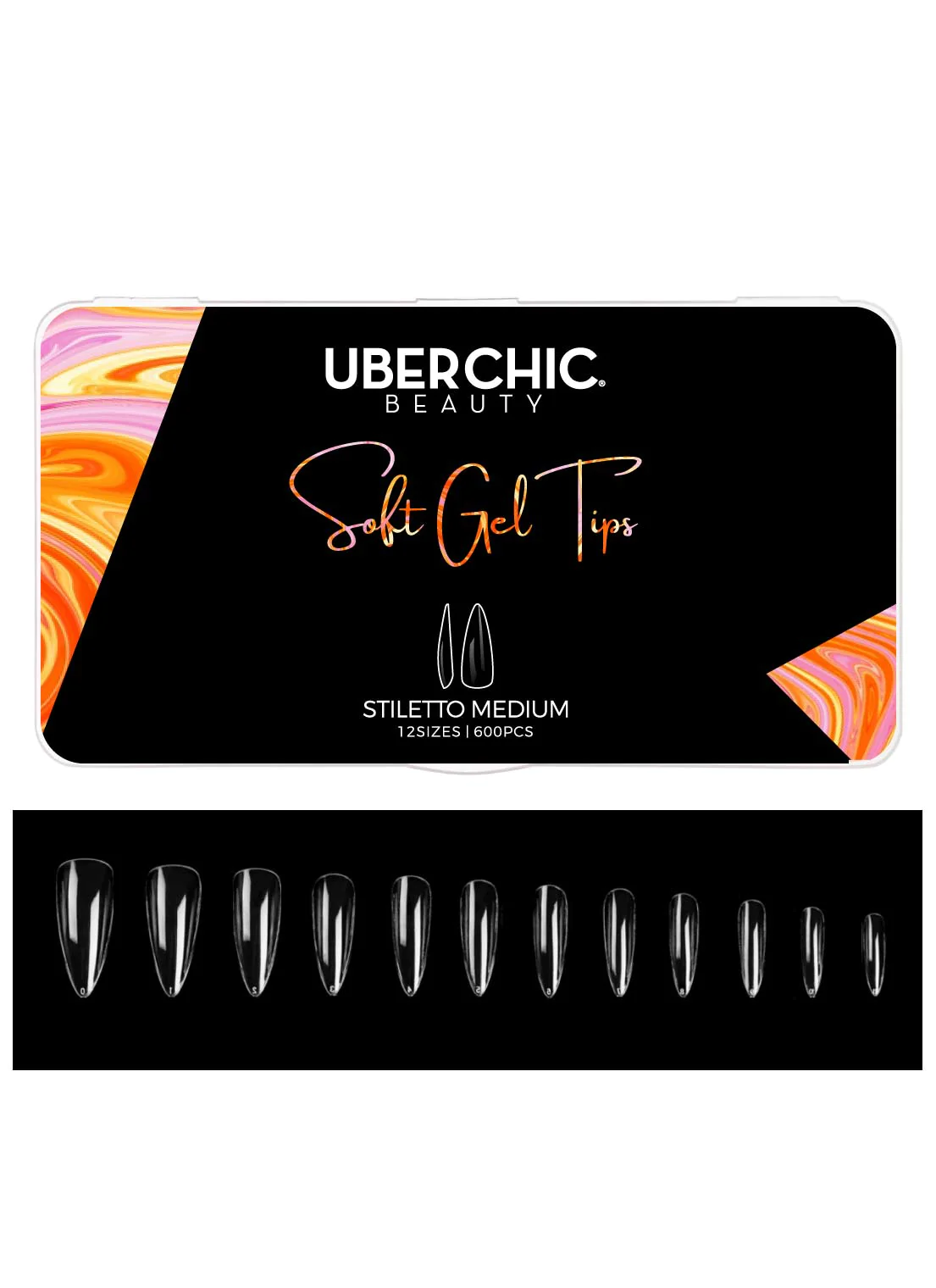 600 Soft Gel Tips: Stiletto - Medium Clear Full Coverage Tips - Uber Chic Beauty Main image