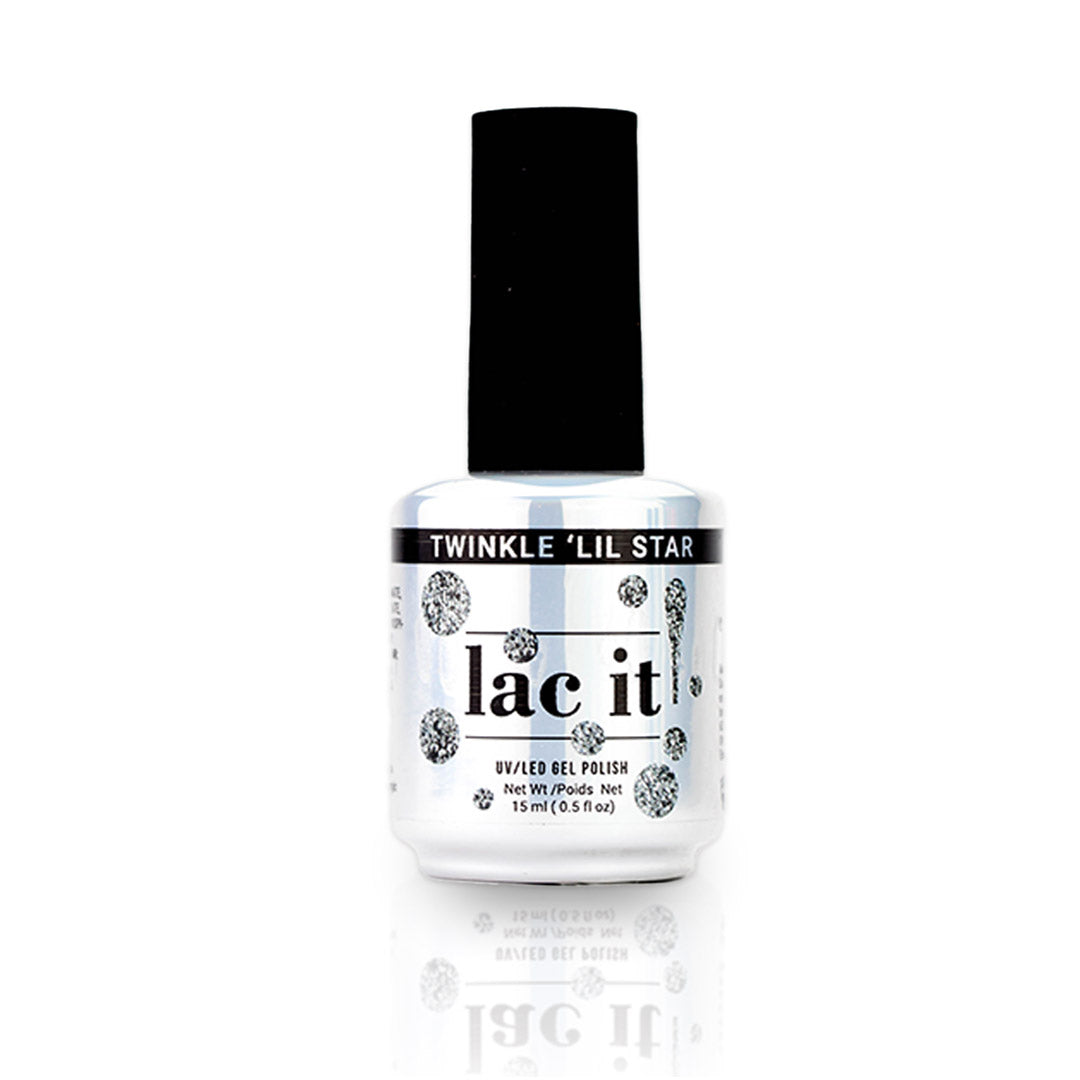 en Vogue Lac It! Twinkle 'Lil Star mix of fine and medium silver glitters in a clear base UV/LED gel nail polish for professional nails and extensions bottle