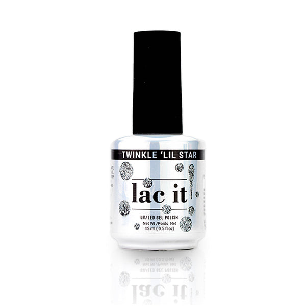 en Vogue Lac It! Twinkle 'Lil Star mix of fine and medium silver glitters in a clear base UV/LED gel nail polish for professional nails and extensions bottle