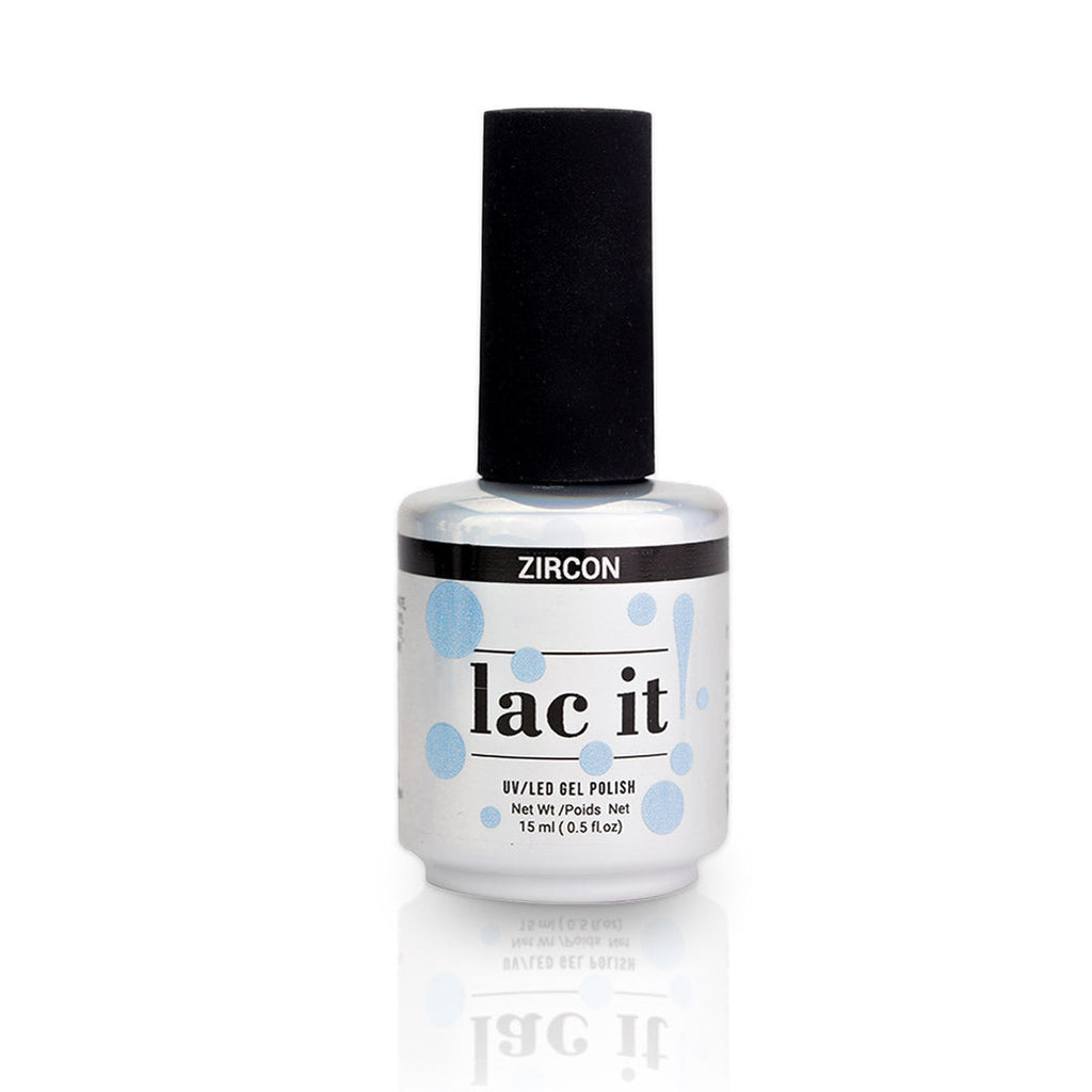 en Vogue Lac It! Zircon Light baby blue with a frosty, gold pearlescent shimmer UV/LED gel nail polish for professional nails and extensions bottle
