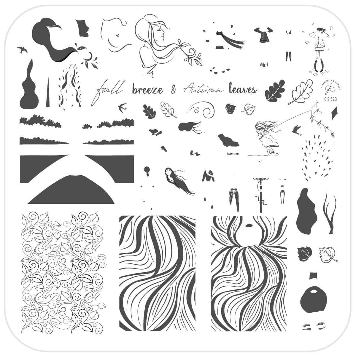 Fall Breeze (CjS-323) Etched Nail Art Stamping Plate - Medium Clear Jelly Stamping Plate