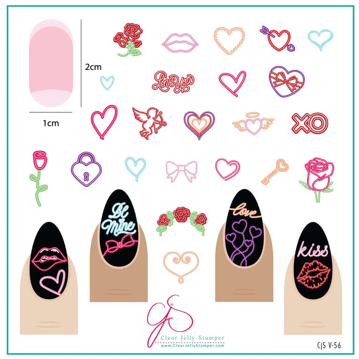 Neon Love (CjSV-56) Etched Nail Art Stamping Plate - Medium Clear Jelly Stamping Plate
