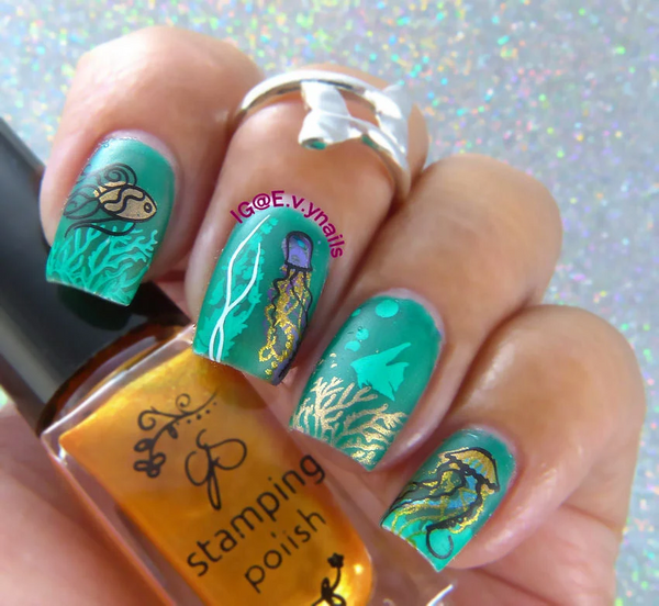 Blooming Sea (CjS-199) Etched Nail Art Stamping Plate -  CJS Medium Stamping Plate