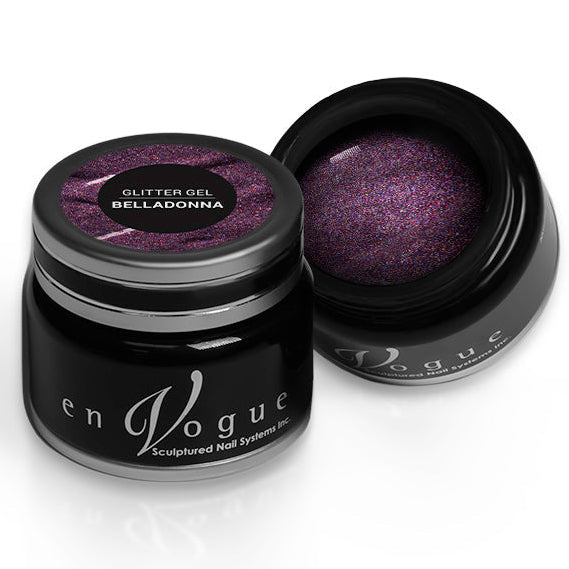en Vogue belladonna purple, magenta, and gold microglitter gel polish for professional nails and extensions shown in container