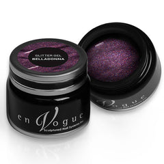 en Vogue belladonna purple, magenta, and gold microglitter gel polish for professional nails and extensions shown in container