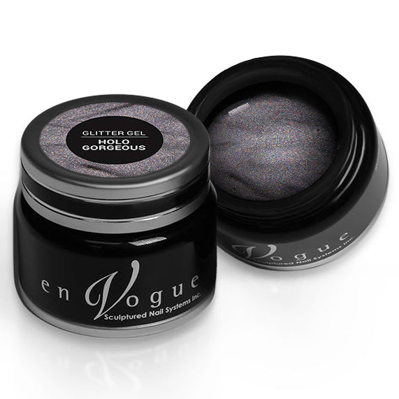 en Vogue holo-gorgeous Micro-holographic glitter full coverage shimmer gel polish for professional nails and extensions shown in container