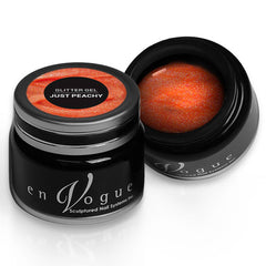 en Vogue just peachy bright peach jelly base with iridescent micro-glitter gel polish for professional nails and extensions shown in container