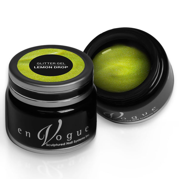 en Vogue lemon-drop yellow jelly base with iridescent micro-glitter gel polish for professional nails and extensions shown in container