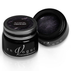 en Vogue lights-out black base full of gunmetal glitters. Glitter gel polish for professional nails and extensions shown in container