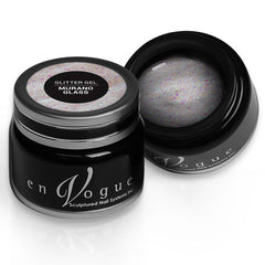 en Vogue murano glass glitter gel polish with fine iridescent microglitters and chunky iridescent circles for professional nails and extensions shown in container