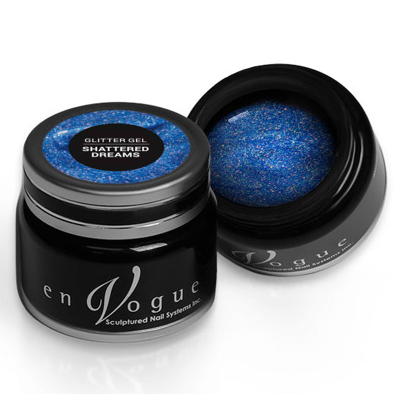 en Vogue shattered-dreams jelly blue base with circular iridescent glitter gel polish for professional nails and extensions shown in container