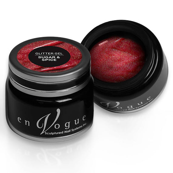 en Vogue sugar and spice coral jelly base glitter gel polish for professional nails and extensions shown in container