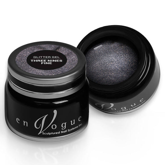 en Vogue three-nines-fine micro-silver glitter gel polish for professional nails and extensions shown in container