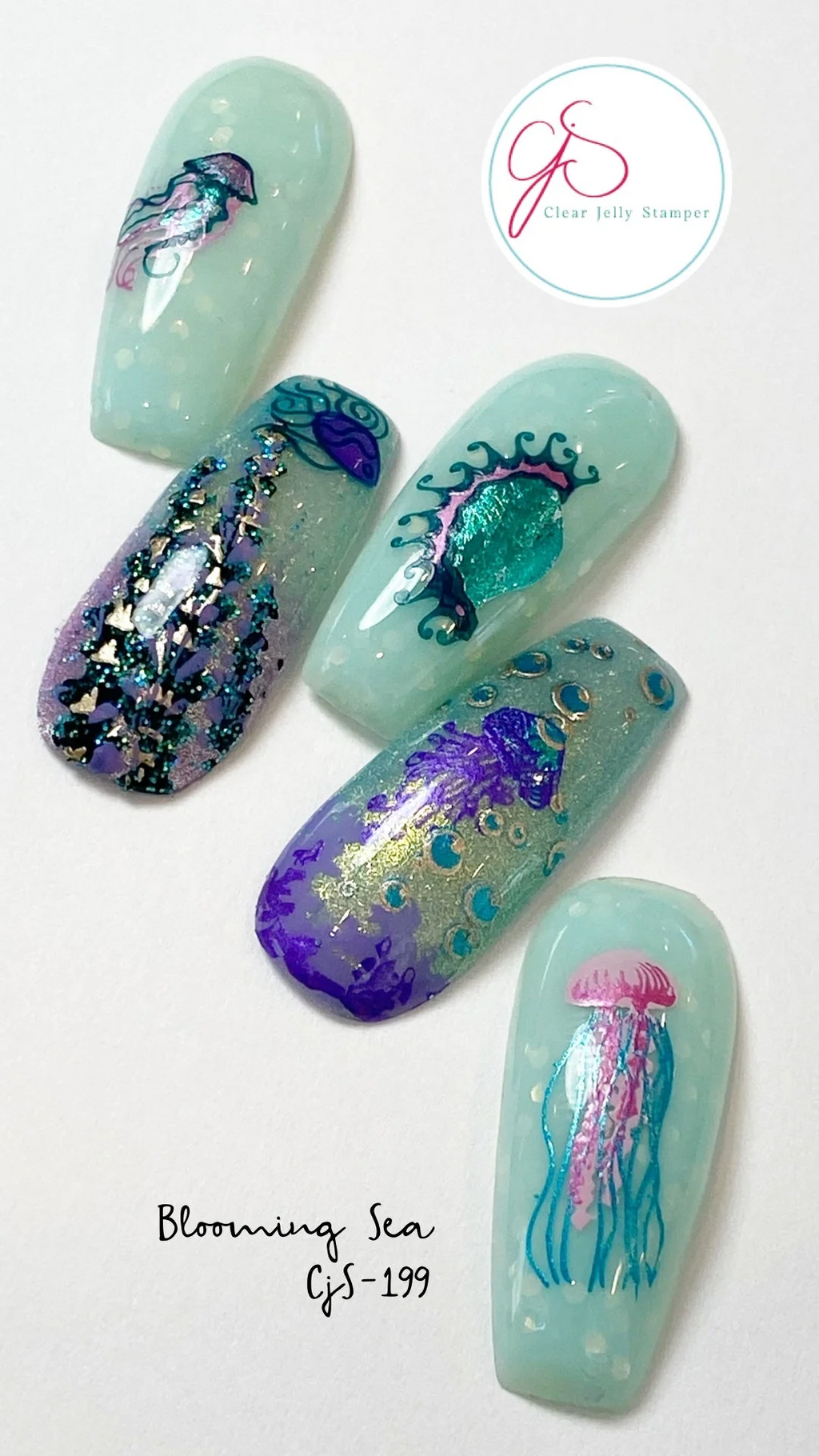 Blooming Sea (CjS-199) Etched Nail Art Stamping Plate -  CJS Medium Stamping Plate