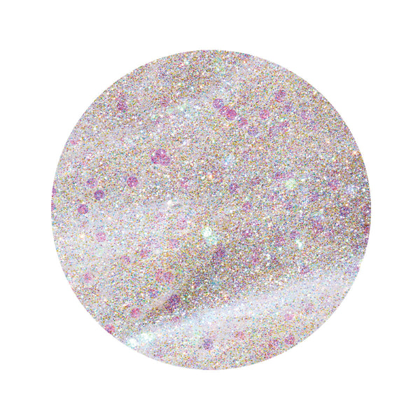 en Vogue murano glass glitter gel polish with fine iridescent microglitters and chunky iridescent circles for professional nails and extensions swatch